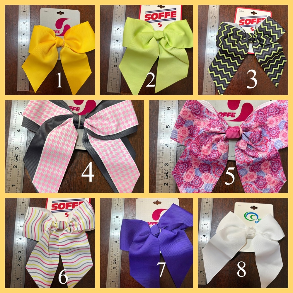 Soffe EMC Sports Cheer Bows Patterns Solids Grosgrain Hair Ties Choice of 3